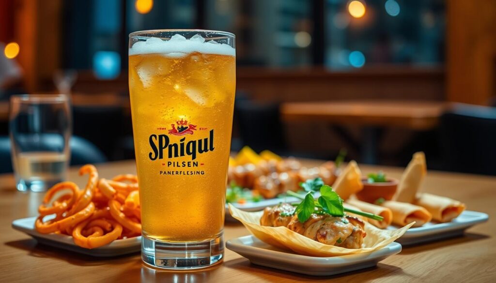 Bir San Miguel Pale Pilsen dengan makanan pembuka Bir San Miguel Pale Pilsen dengan makanan pembuka